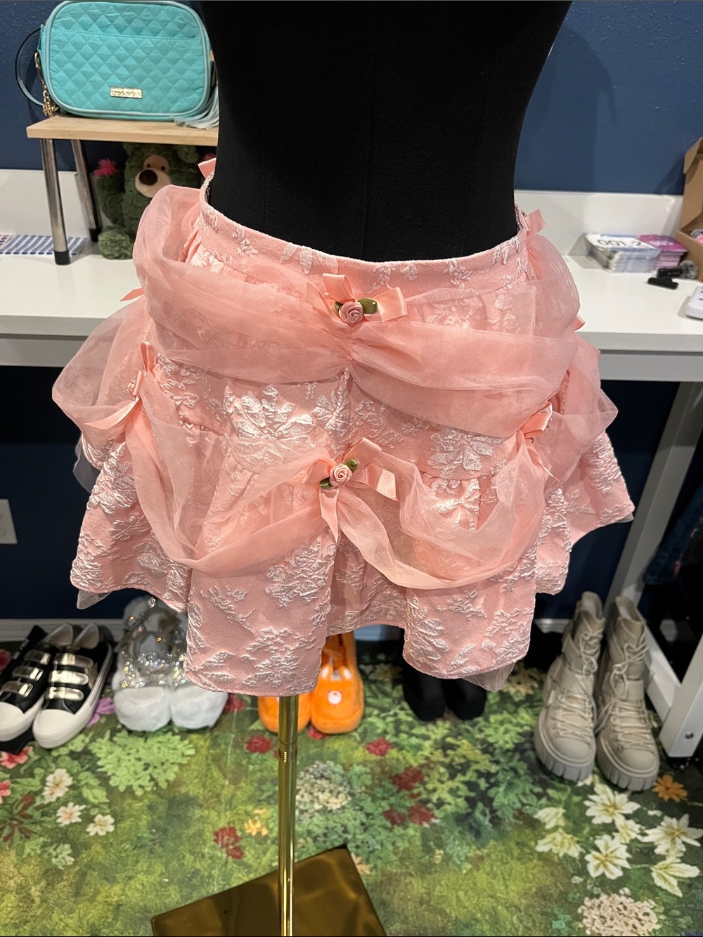 NWOT Sugar Thrillz Pink Floral Organza Bow Mini Skirt